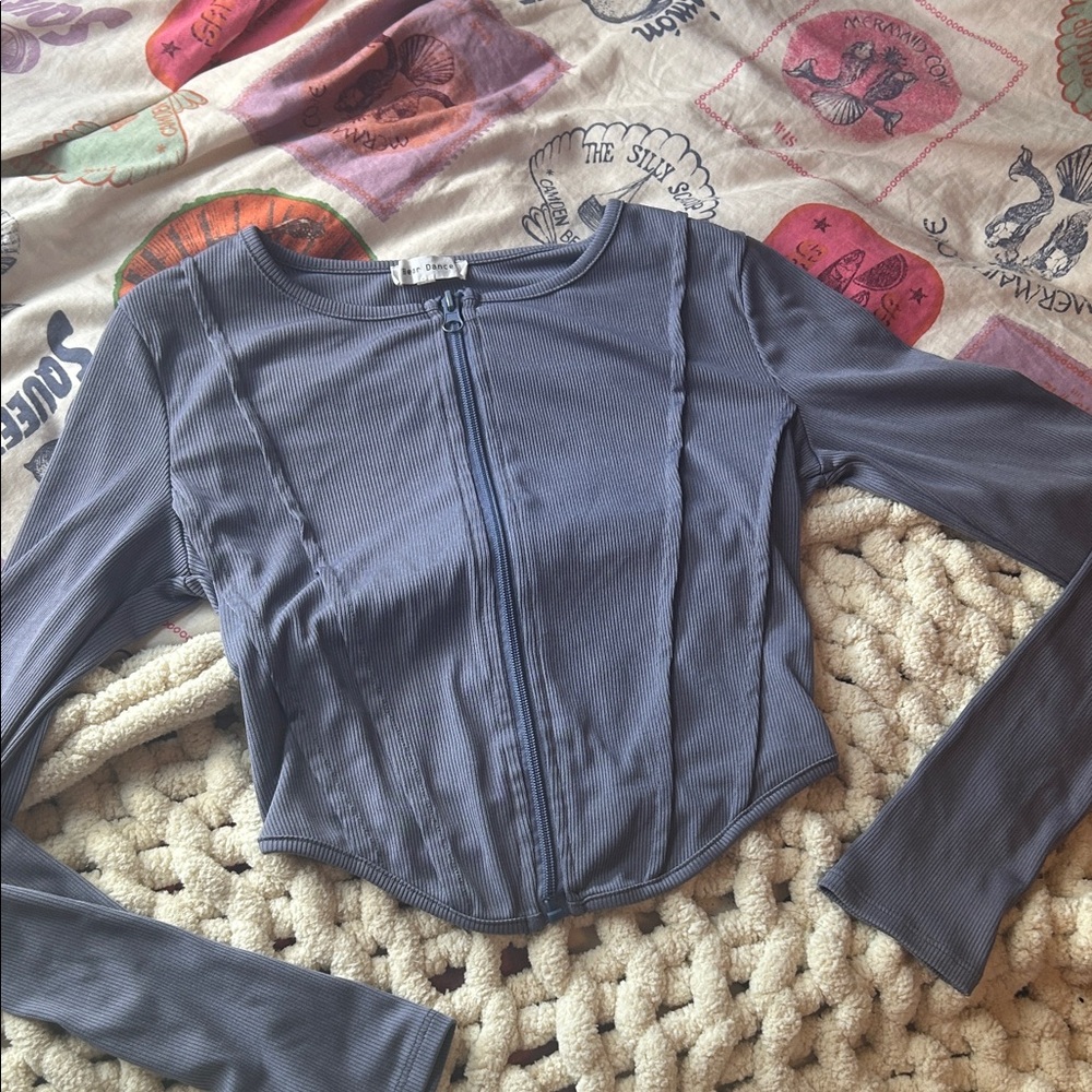 Bear Dance Blue Ribbed Zip-Up Long Sleeve Shirt